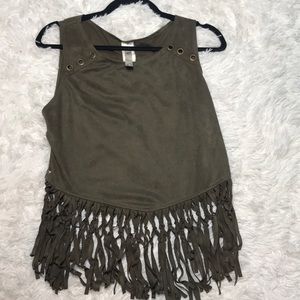 Olive green fringe bottom suede top